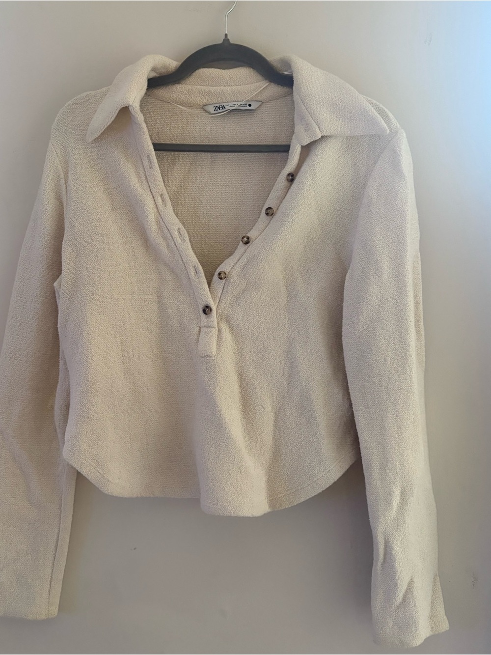ZARA Cream Textured Button-Down Long Sleeve Top